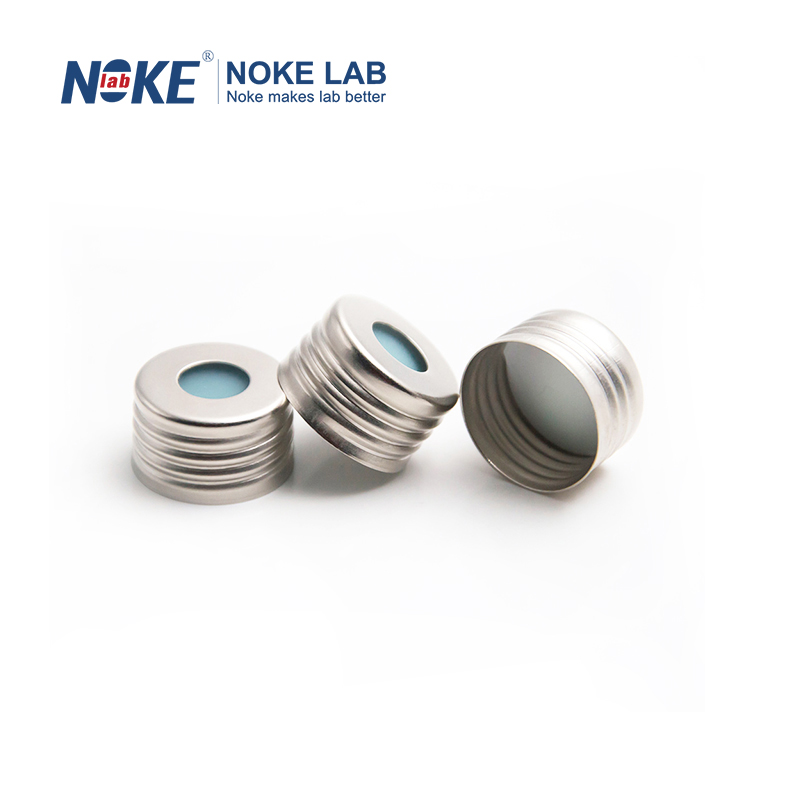 Bouchon à vis magnétique argenté 18 mm, Septa en PTFE blanc/silicone bleu clair (1,3 mm d'épaisseur)