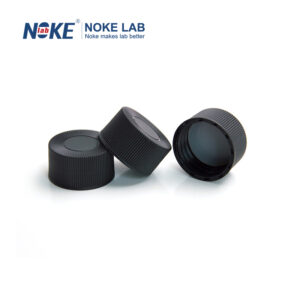 24 mm schwarzer PP-Schraubverschluss, geschlossener Deckel mit beigefarbenem PTFE/weißem Silikonsieb
